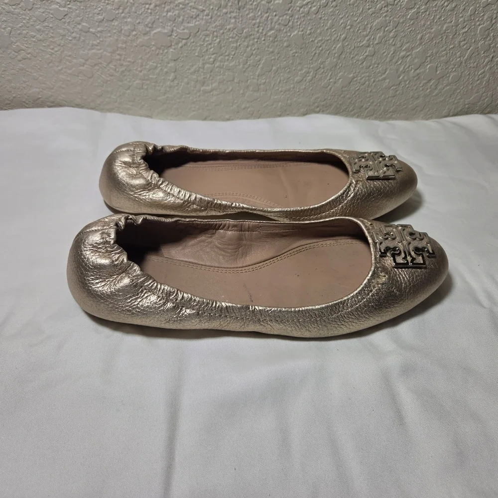 Tory Burch Minnie Travel Ballet Flats Metallic Gold Pebbled Leather Logo 10M